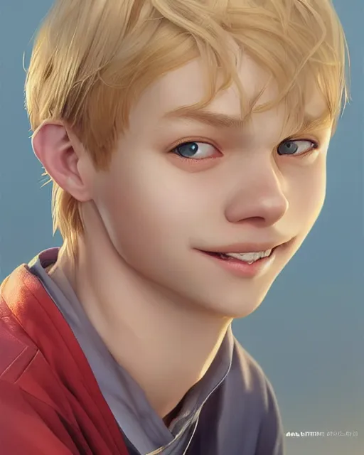 Image similar to portrait of 1 5 - year - old boy with blonde hair, round - face, smile with and slightly buck - toothed, hyper realistic face, beautiful eyes, character art, art by artgerm lau and wlop and and ilya kuvshinov and john singer sargent, hyperdetailed, symmetrical, cryengine, trending on artstation, digital art