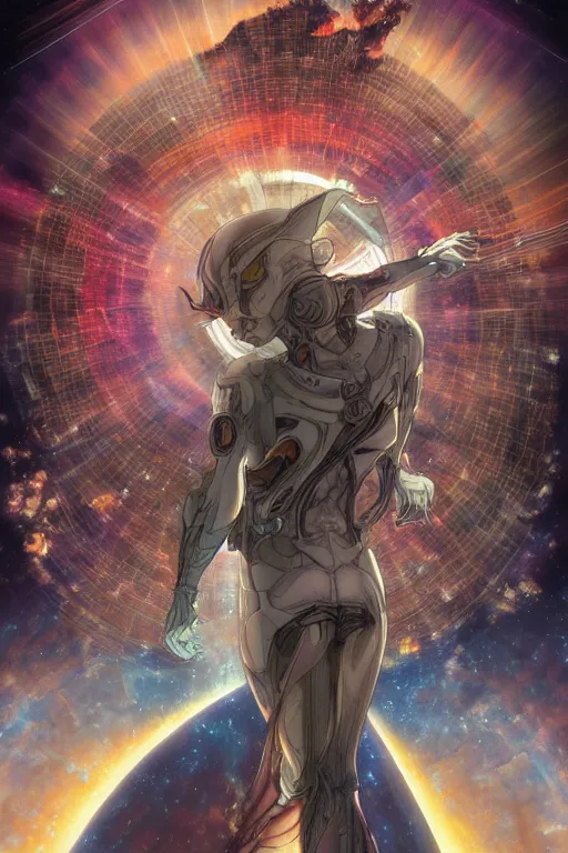 Image similar to faster than light we travel in time through the wormhole, by artgerm and yoshitaka amano and moebius and alphonse mucha, hyperdetailed, dc comics, ornate, nebula, explosions in the sky, trending on artstation