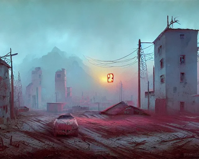 Prompt: painting of apocalyptic soviet village, by simon stalenhag, zdzisław beksinski, cory loftis, rim light, exquisite lighting, clear focus, very coherent, plain background, soft painting