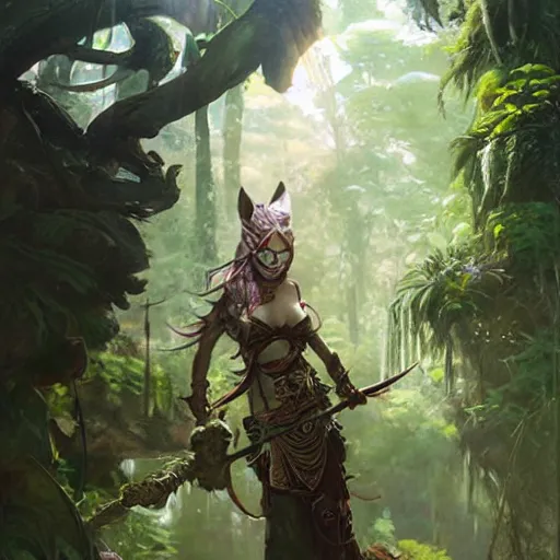 Prompt: warrior neko woman in a jungle with cat ears wearing armor, fantasy art, highly detailed character, by yoshitaka amano, by jeremy lipking, by greg rutkowski, illustration, volumetrics, nature