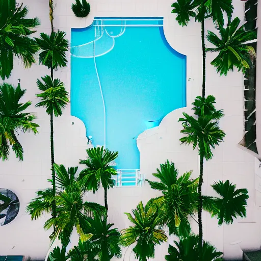 Image similar to aerial view of an elegant swimming pool, palm trees, kodak portra 4 0 0, vaporwave colors, faded effect, 9 0 s vibe, tropical vibe,