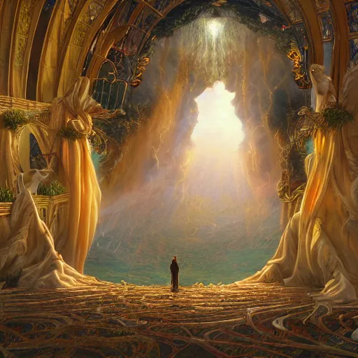 Image similar to realistic detailed view of heaven by terance james bond, russell chatham, greg olsen, thomas cole, james e reynolds, photorealistic, fairytale, art nouveau, white light, gold color, illustration, concept design, storybook layout, story board format