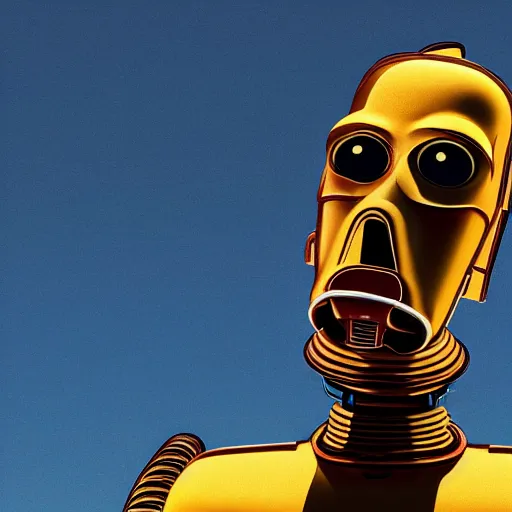 Image similar to full body portrait of Homer Simpson as real C3PO, background blue sky puffy clouds cinematic 4k