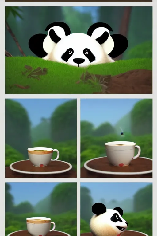 Prompt: a cute panda with big eyes looking at a cup of coffee in the forest. Pixar Disney 4K 3d render funny animation movie Oscar winning trending on ArtStation and Behance. Ratatouille style.