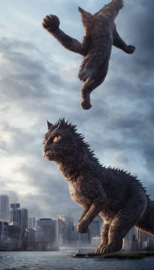 Image similar to hundreds of people running away from the giant catzilla. trending on artstation. realistic cinematography, photorealistic, photography, wide shot