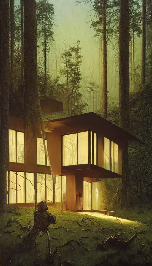 Image similar to cozy ultra modern home in the woods moody lighting, highly detailed, painting by zdzisław beksinski and norman rockwell and greg rutkowskiweta studio, and lucasfilm