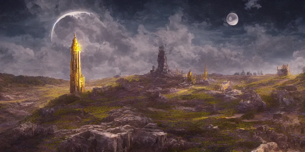 Image similar to The great intricate marble and golden wizards tower, painted landscape, green fields in the background, moody lighting, moon in the night sky, sharp image, 4k, artstation, colorful digital art