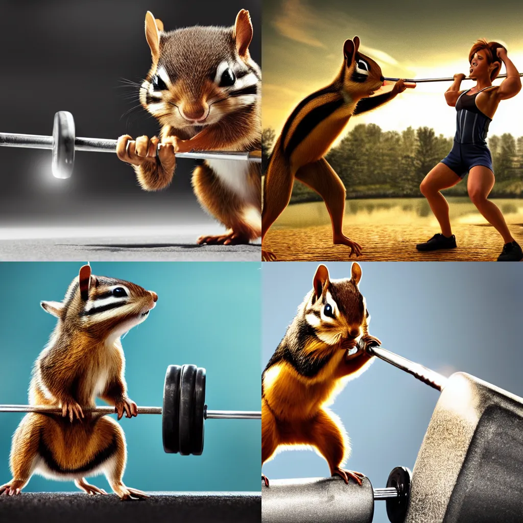 Prompt: a high quality photo of chipmunk exercising weightlifting, lifting barbell over it's head, backdrop in olympic game, render, ultra realistic, epic lighting, cgsociety