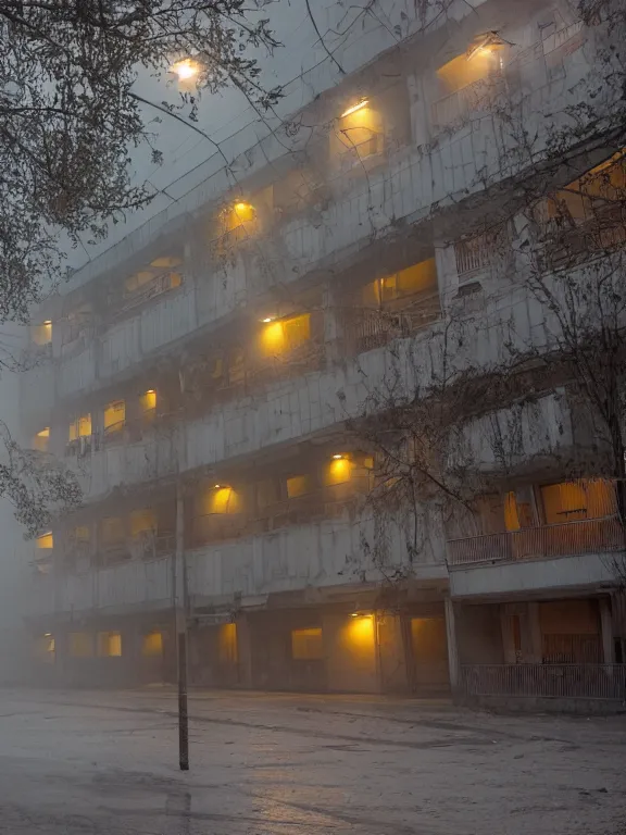 Image similar to film still of low residential building in russian suburbs, lights are on in the windows, deep night, post - soviet courtyard, cozy atmosphere, light fog, street lamps with orange light, several birches nearby, several elderly people stand at the entrance to the building