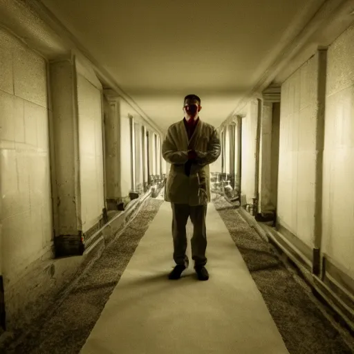 Prompt: flash low quality photograph of a male scientist wearing a lab coat standing lost in the backrooms, mono - yellow old moist carpet room, empty liminal space, very dark shadows, broken fluorescent lighting, horror movie scene, film grain