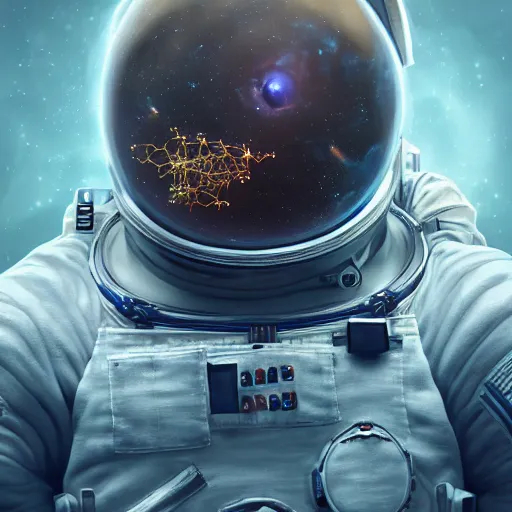 Image similar to an epic portrait of an astronaut entering microscopic multiverse of atoms madness with a tiny micro spaceship, cinematic lighting, trending on Artstation, highly detailed, insane details