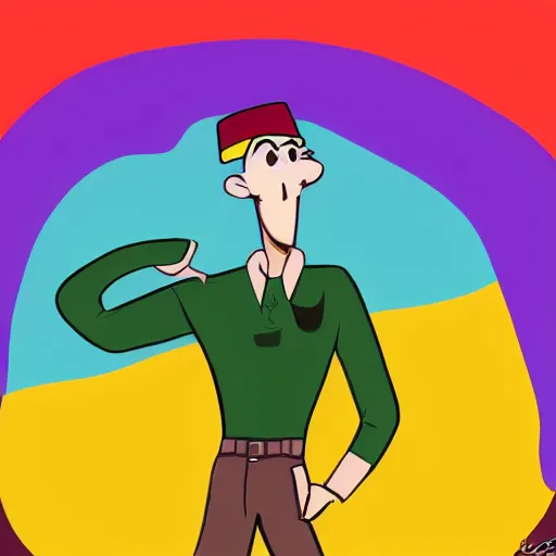Prompt: extremely detailed illustration of a thin guy with a big nose and an overbite wearing a brown beret and a palid green plaid shirt stand up participating on a tv show, coloful, vibrant colors, trending artstationg, backlight, by genndy tartakovsky