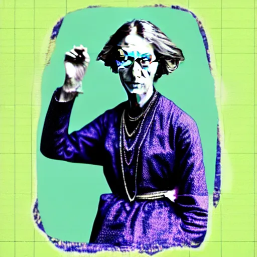 Image similar to Virginia Woolf dressed in PS4 merchandise designed by APC, colored photo, restored photo