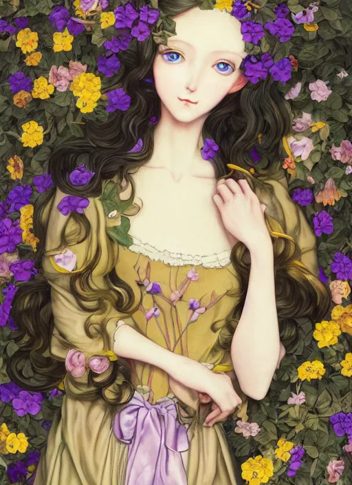 Image similar to elf girl wearing an flower suit, soft hair. light color palate, purple, yellow and white. detailed soft painting, ayami kojima, made in abyss, anatomically correct, ilya kuvshinov, inspired in balthus, high detailed face anime, vogue magazine, glorious composition, mobile wallpaper, mona lisa