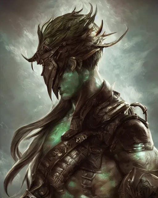 Image similar to portrait of a male warrior, fierce, masculine, ross tran, muted colors, ( green eyes )!!!!!!!!!!!, highly detailed sculpture, intricate detailed, ommatidia, 8 k, cinematic atmosphere