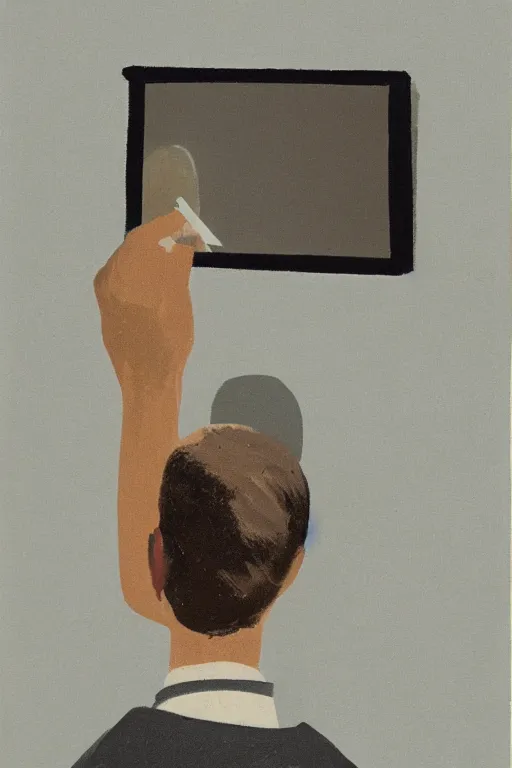 Image similar to man looking at his reflection in the mirror, 1960’s minimalist advertising illustration, painterly, expressive brush strokes