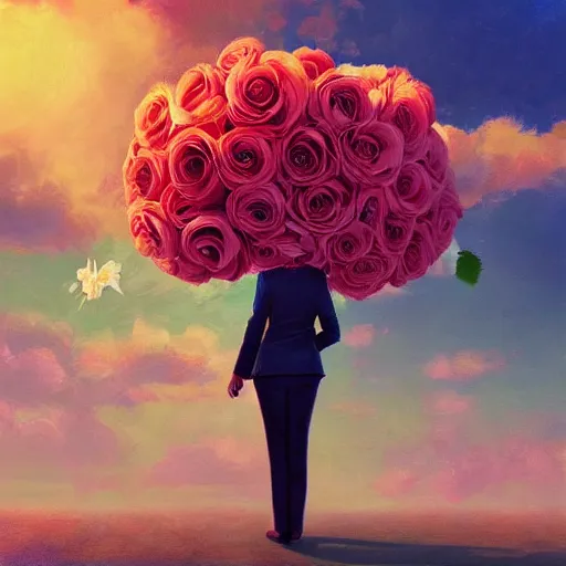 Image similar to closeup, giant rose flower head, portrait, a girl in a suit, surreal photography, sunrise, blue sky, dramatic light, impressionist painting, digital painting, artstation, simon stalenhag