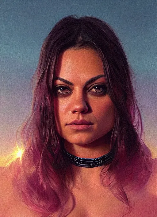 Prompt: epic portrait of Mila Kunis wearing black choker, a very strong muscled Amazon heroine, sun beams across sky, pink golden hour, intricate, elegance, highly detailed, shallow depth of field, epic vista, concept art, art by Artgerm and Donato Giancola, Joseph Christian Leyendecker