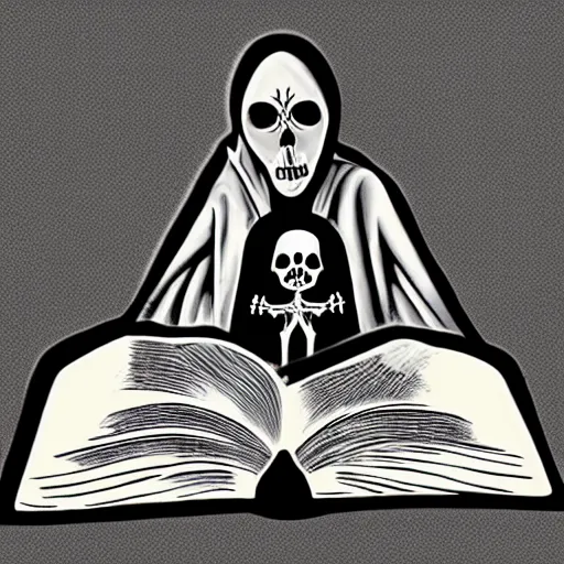 Image similar to Hooded figure with skeleton face reading a book, gothic