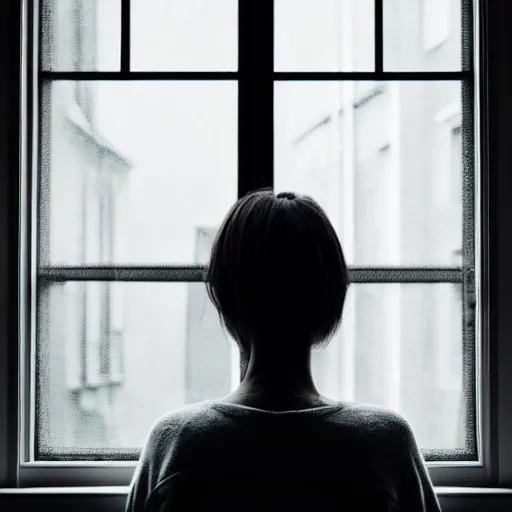 Image similar to a woman sitting on a window sill looking out the window, hands holding her face, grey sweater, a stock photo by chen jiru, tumblr, aestheticism, movie still, pretty, pixiv