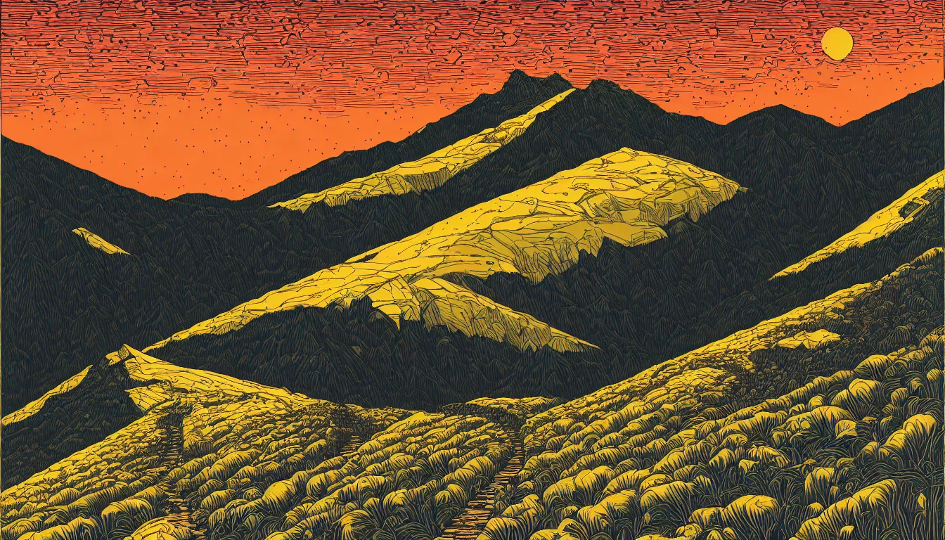 Image similar to mountain trail by dan mumford and peter doig and edward hopper, symmetrical, minimal, black ink, thick lines highly detailed, muted colours 8 k