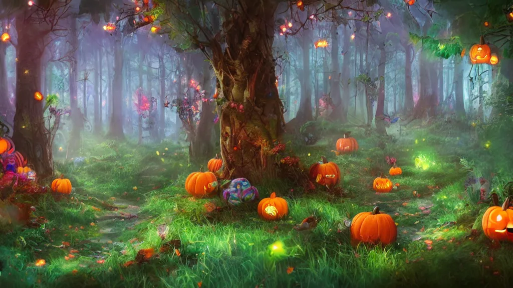 Prompt: forest made out of candy, cinematic scene, studio lighting, colorful, fantasy, fireflies, flowers, halloween, fairytale, ( matte painting, concept art, medium shot, trending on artstation )