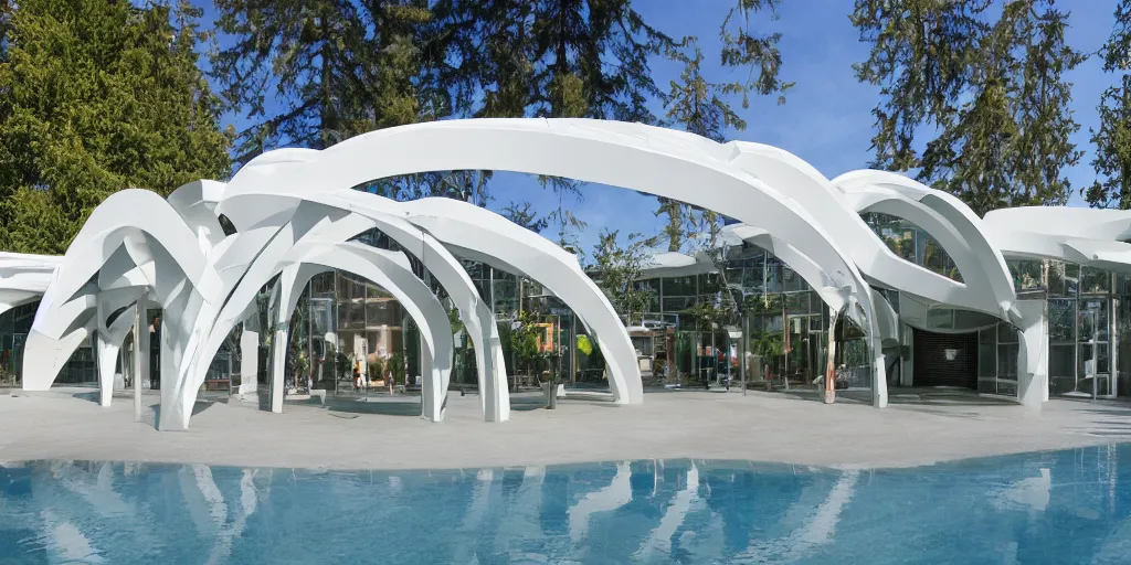 Image similar to residence in the style of seattle's pacific science center, white crisscrossing arches, fountains