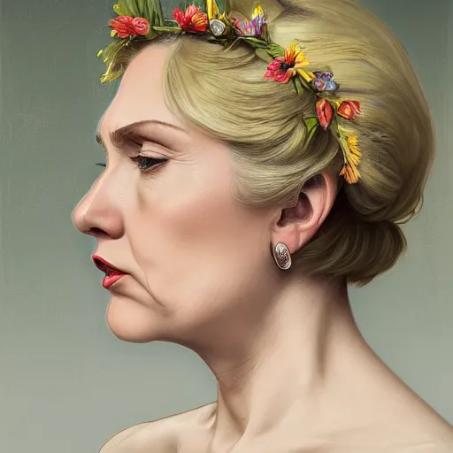 Image similar to side portrait of Hillary Clinton, blond hair, flower crown, white dress, headshot, hyper realistic, pale skin, 4k, rule of thirds, beautiful eyes, extreme detail, detailed drawing, trending artstation, hd, fantasy, D&D, realistic lighting, by Alphonse Mucha, Greg Rutkowski, sharp focus, backlit, elegant