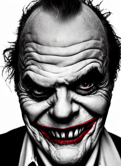 Image similar to photo of Jack Nicholson as the Joker by Eolo Perfido and Lee Jeffries, smile, head shot, detailed, award winning, Sony a7R