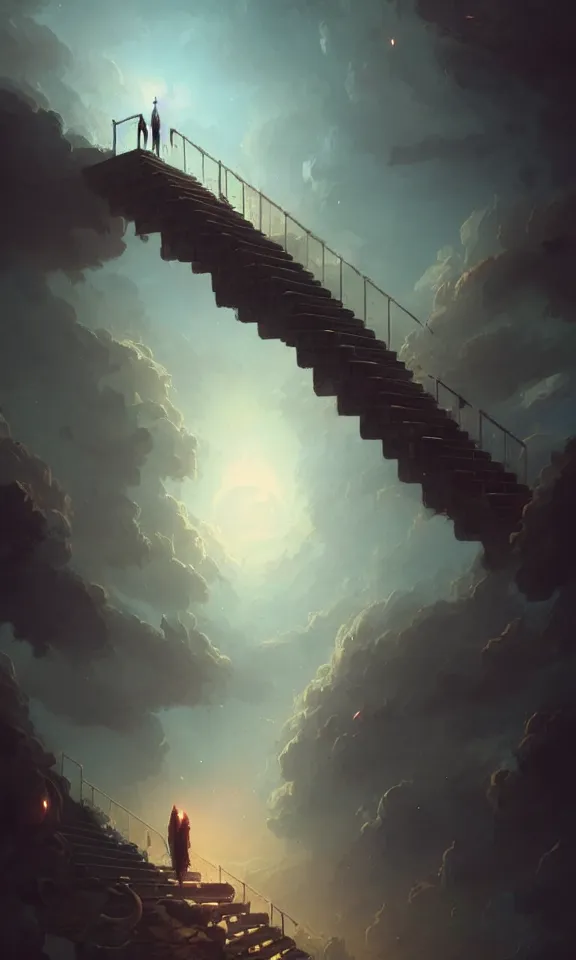 Image similar to endless stairs to universe, sky full of clouds, art by greg rutkowski and peter mohrbacher, featured in artstation, octane render, cinematic, elegant, intricate, ultra detailed, rule of thirds, professional lighting, unreal engine, fantasy, concept art, sharp focus, illustration, 8 k