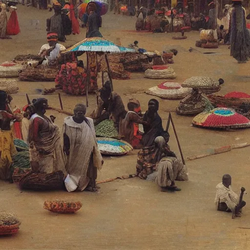 Image similar to dahomey officials with flat colorful umbrellas in ahomey's huge main square, from above, in benin, 1905, highly detailed, oil on canvas, by ilya repin