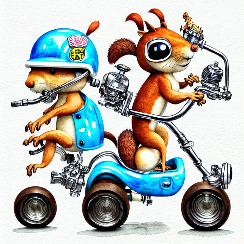 Image similar to cute and funny, squirrel wearing a helmet riding in a hot rod with oversized engine, ratfink style by ed roth, centered award winning watercolor pen illustration, isometric illustration by chihiro iwasaki, edited by range murata, tiny details by artgerm and watercolor girl, symmetrically isometrically centered, sharply focused