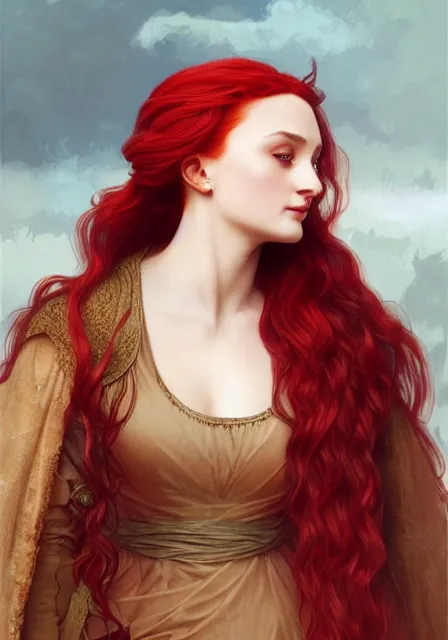 Image similar to portrait of sansa stark with long red hair, intricate, elegant, highly detailed, digital painting, artstation, concept art, smooth, sharp focus, illustration, art by artgerm and greg rutkowski and alphonse mucha and william - adolphe bouguereau