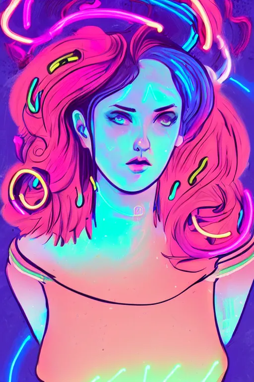 Image similar to a award winning portrait of a beautiful woman with stunning eyes in a one off shoulder croptop and cargo pants with rainbow colored hair, outlined by whirling illuminated neon lines and fine lines swirling in circles by lois van baarle, digital art, trending on artstation