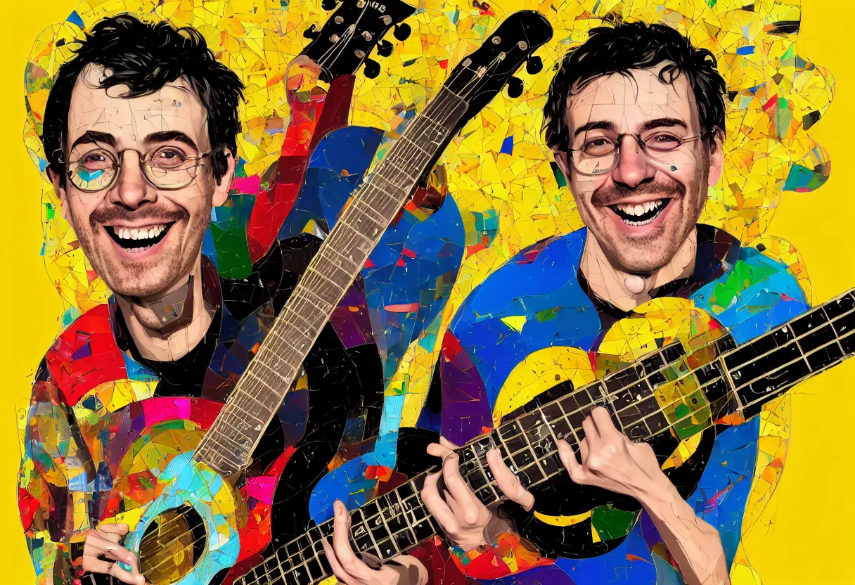 Image similar to random smiling funny guy with guitar, pop art, aesthetic art, 8 k, asymmetrical, high details, digital painting, concept art, smooth, beautiful, full body perfect, sharp focus, illustration, intricate, art by arstation and mimmo rotella, pixels art by paul robertson