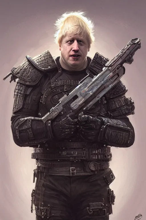 Image similar to Boris Johnson as Punisher, armor plate, realistic portrait, symmetrical, highly detailed, digital painting, artstation, concept art, smooth, sharp focus, illustration, cinematic lighting, art by artgerm and greg rutkowski and alphonse mucha