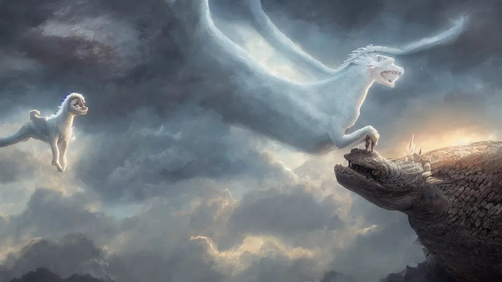 Prompt: falkor the luck dragon flying through the nothing. the neverending story movie. greg rutkowski. sunlit undertones. artstation. 3 8 4 0. 2 1 6 0.