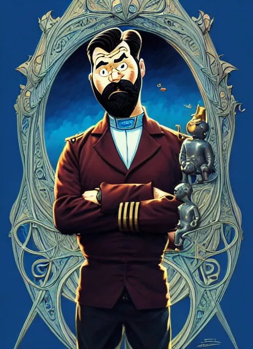 Image similar to captain haddock from tintin, art nouveau. symmetry, fantasy, intricate, elegant, highly detailed, colorful, dark colors, dramatic shadow, digital painting, artstation, concept art, art by artgerm and greg rutkowski and ruan jia and simon cowell