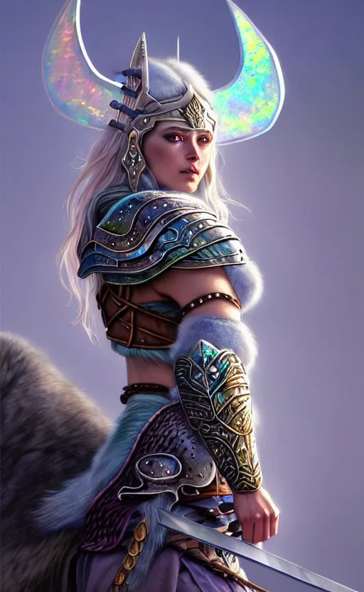 Image similar to iridescent opal viking warrior, wolf armor, winter, morandi color scheme, hd, illustration, epic, d & d, fantasy, intricate, elegant, highly detailed, wide angle, digital painting, artstation, concept art, smooth, sharp focus, illustration, wallpaper, art by artgerm and greg rutkowski and alphonse mucha and jin xiaodi