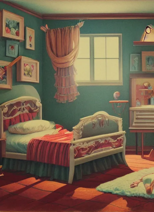 Image similar to highly detailed wide - angle portrait of a retro 1 9 6 0 s bedroom, nicoletta ceccoli, mark ryden, lostfish, earl nore, hyung tae, frank frazetta, global illumination, god rays, detailed and intricate environment