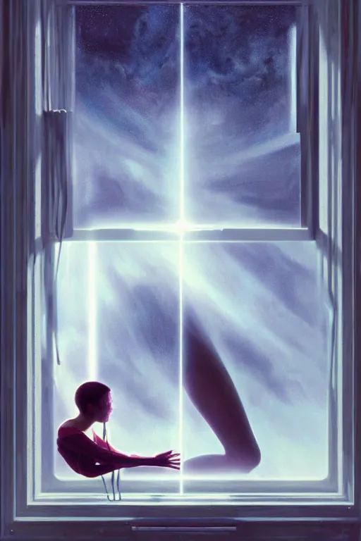 Prompt: 3 d, sci - fi, morning, old window, sun rays, two sleepy fashion model face, lightning clouds, vogue cover style, morning colors mood, cinematic, realistic painting, intricate oil painting, high detail, figurative art, multiple exposure, poster art, 3 d, by stanley kubrick and tooth wu and wlop and beeple and greg rutkowski