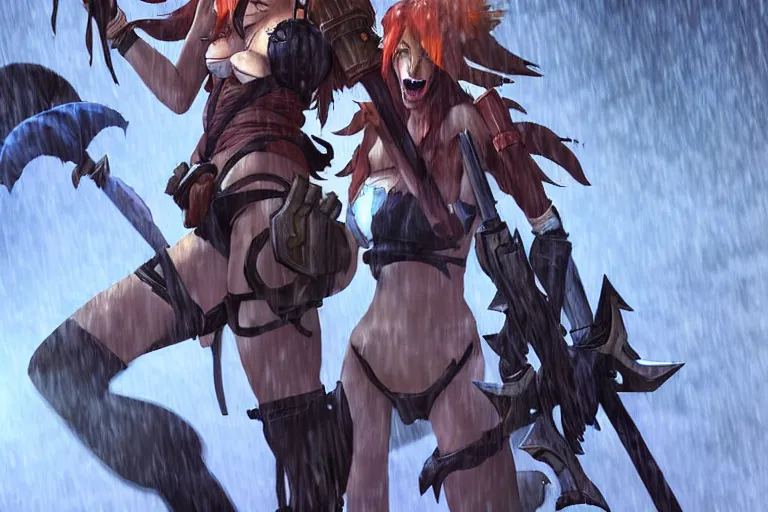 Prompt: an anthropomorphic maned wolf girl having standing in the muddy rain, laughing with a spear in her hands. league of legends splash art by yoji shinkawa