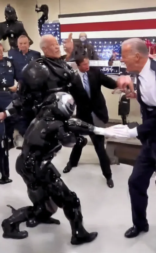 Image similar to robocop punching joe biden in the face, slow motion still