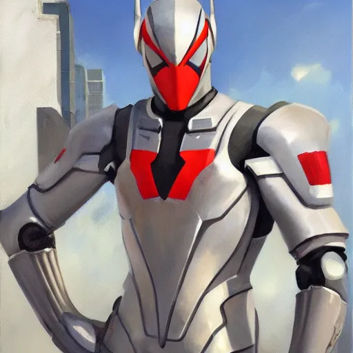 Image similar to greg manchess portrait painting of armored spiderman ultraman grey fox from metal gear cyborg japanese - american hybrid as overwatch character, medium shot, asymmetrical, profile picture, organic painting, sunny day, matte painting, bold shapes, hard edges, street art, trending on artstation, by huang guangjian and ail elvgren and sachin teng