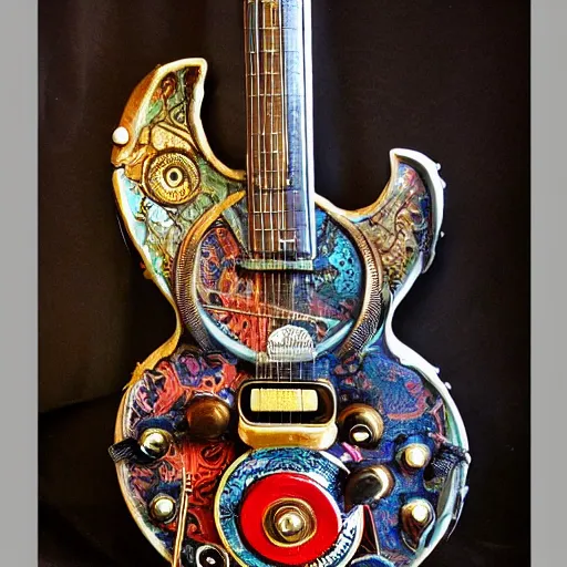 Image similar to photo of an eccentric steampunk electric guitar with ornaments, ultra realistic, mucha, art deco, art nouveau, neo goth, goth, cyberpunk