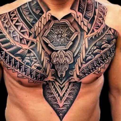 Image similar to tribal tattoo along chest, colorful, intricate detail
