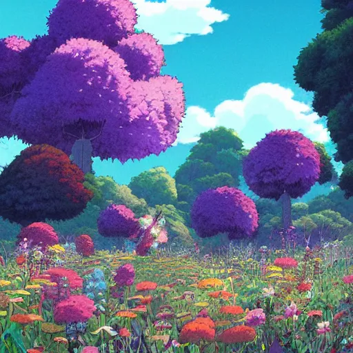 Image similar to a beautiful painting of a studio ghibli scene in a field of flowers by android jones, studio ghibli art, color gradient shading