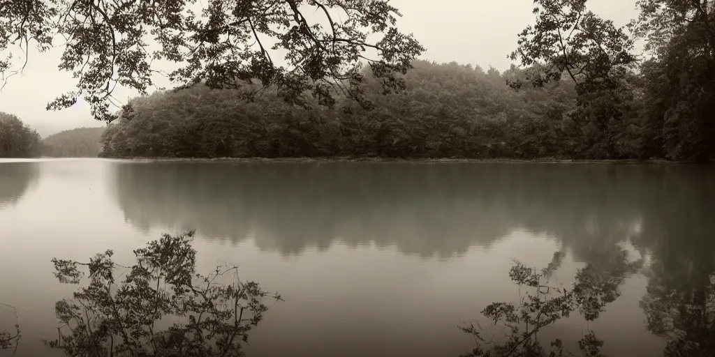 Image similar to symmetrical photograph of an long rope floating on the surface of the water, the rope is snaking from the foreground towards the center of the lake, a dark lake on a cloudy day, trees in the background, moody scene, dreamy kodak color stock, anamorphic lens