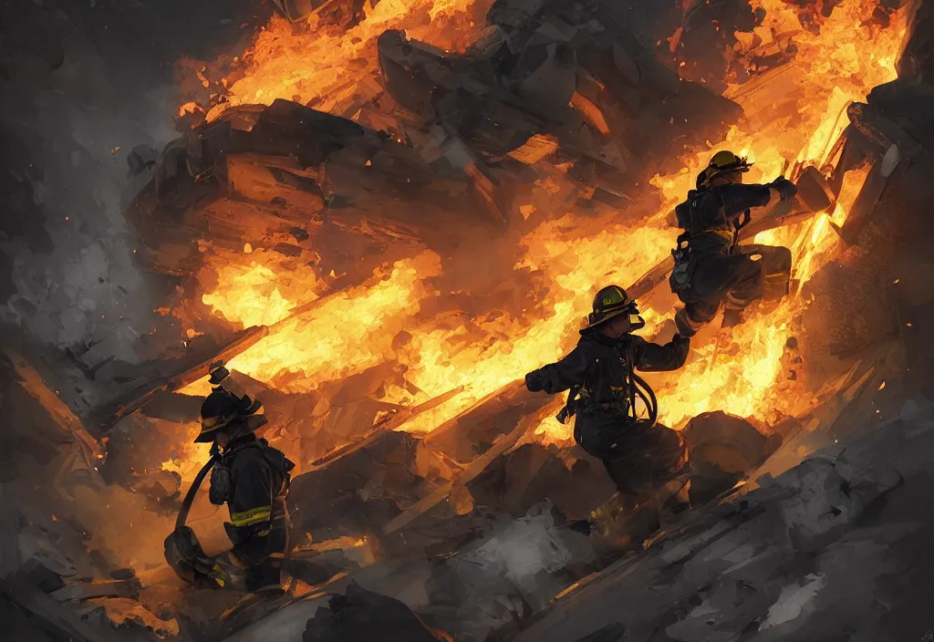 Image similar to heroic firefighter in action in black and yellow uniform, fire flames, sharp details, sharp focus, elegant, highly detailed, illustration, by jordan grimmer and greg rutkowski and pine ( ハイネ ) and 薯 子 imoko and 香 川 悠 作 and wlop and maya takamura, intricate