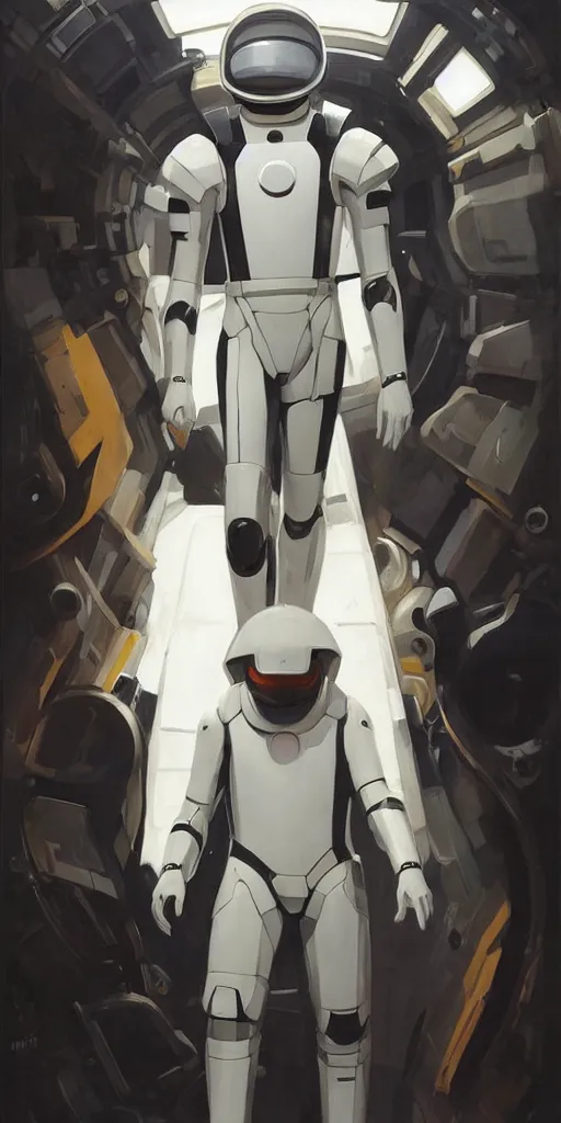 Prompt: a man with a futuristic white space armor walking out of a black spaceship, in the style of studio ghibli, j. c. leyendecker, greg rutkowski, artem